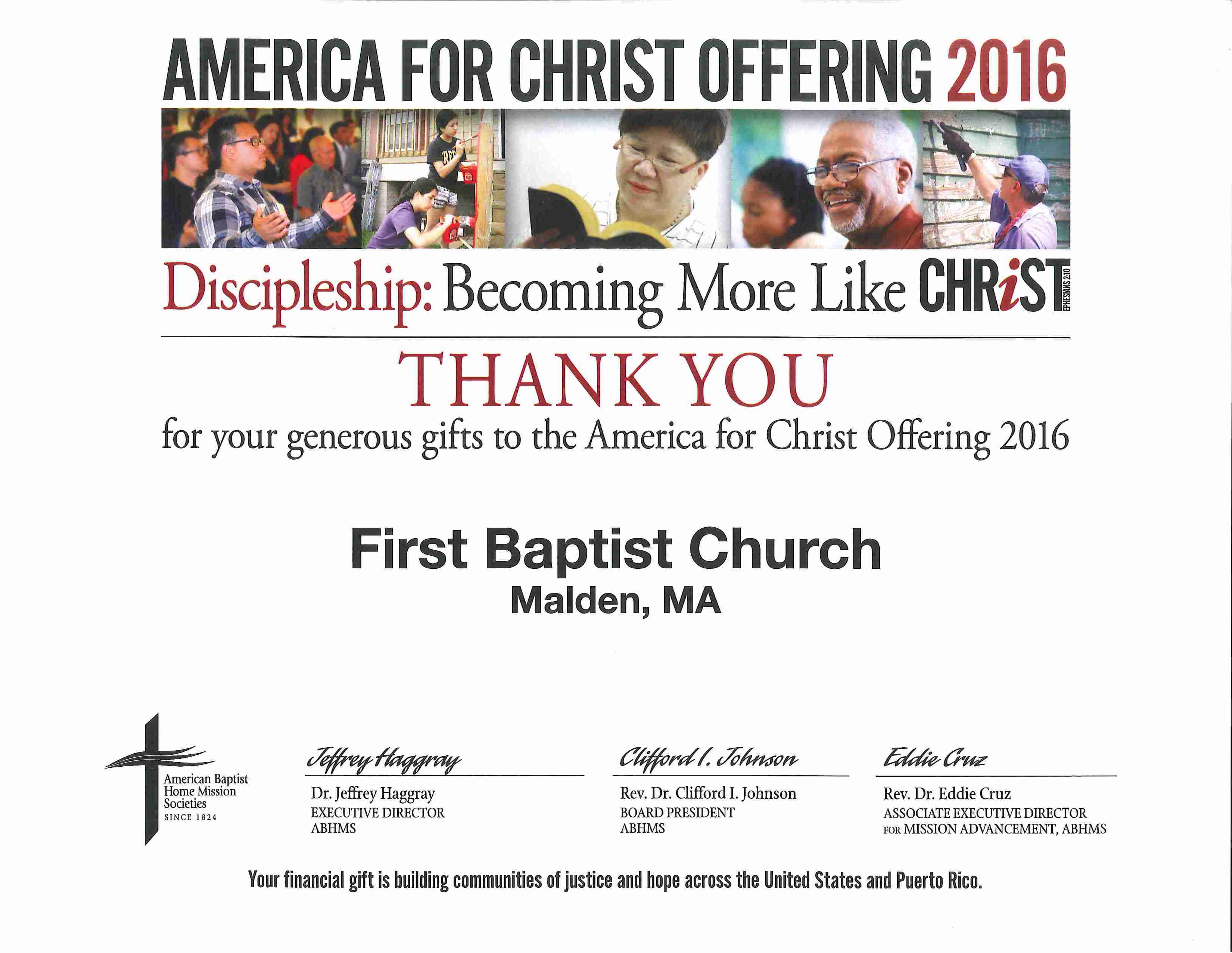 America For Christ Offering Certificate First Baptist Church, Malden
